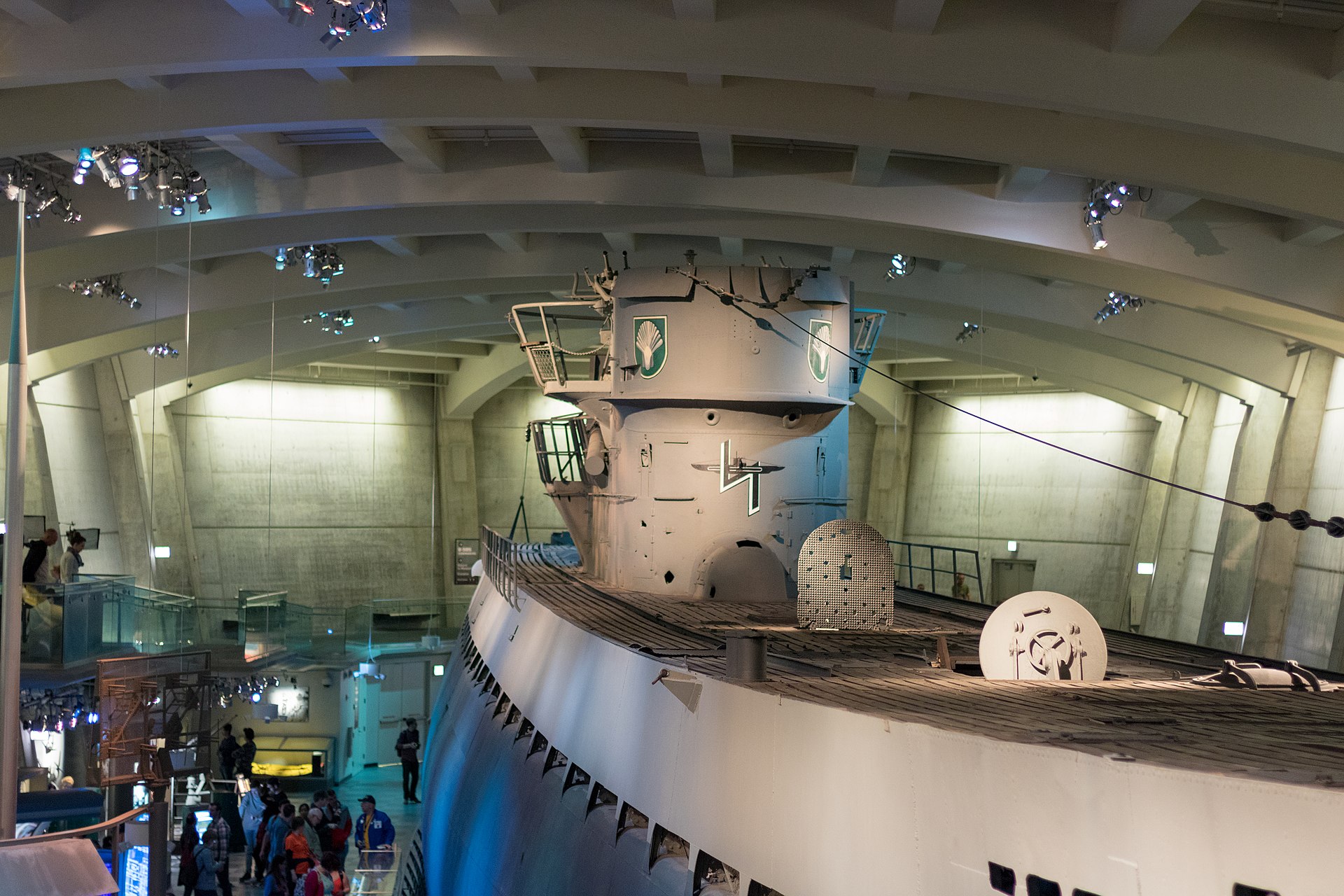 The U-505 German submarine displayed inside its large underground gallery at Griffin Museum