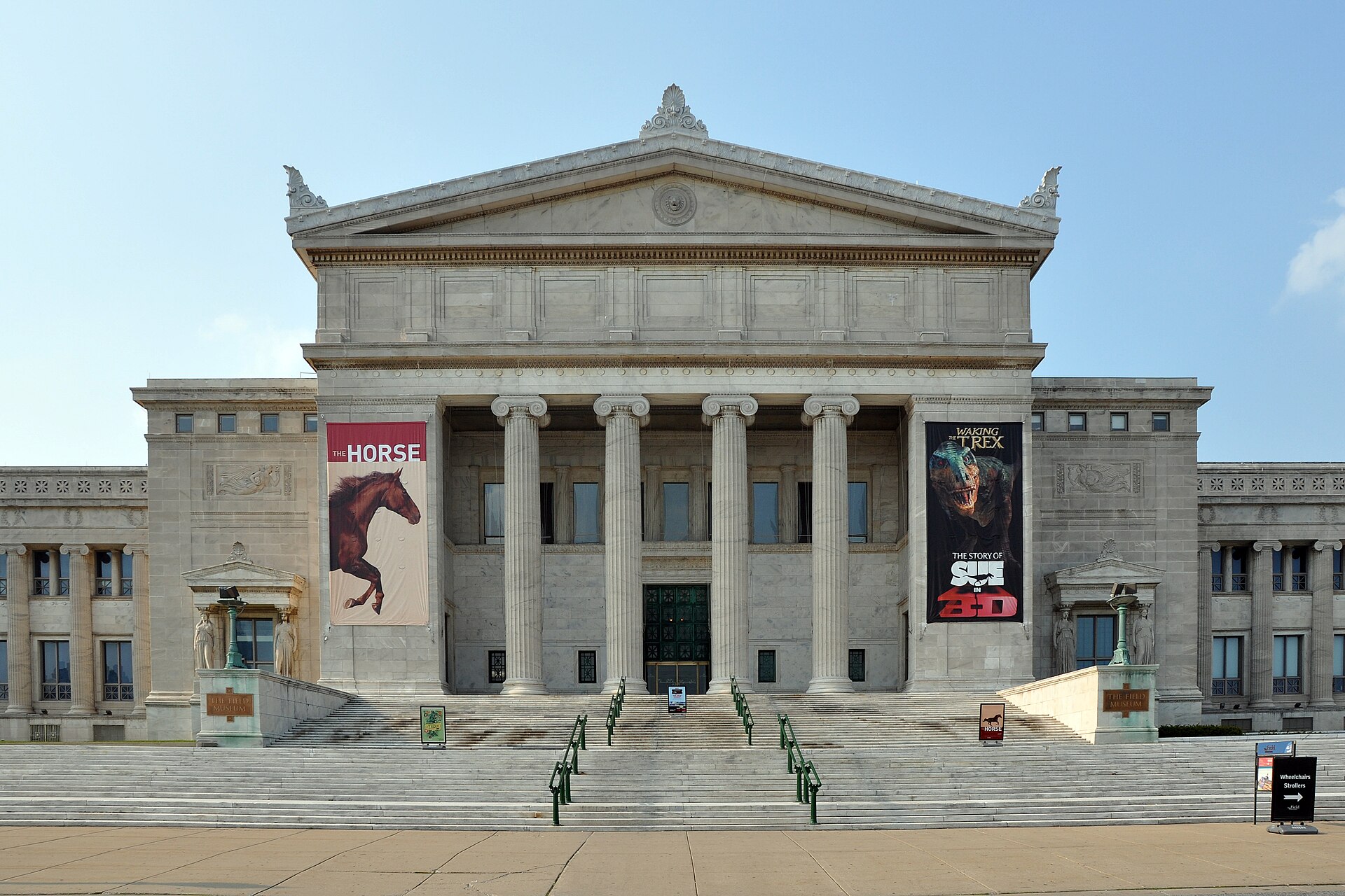 The broad stone staircase and columned south entrance of the Field Museum in Chicago